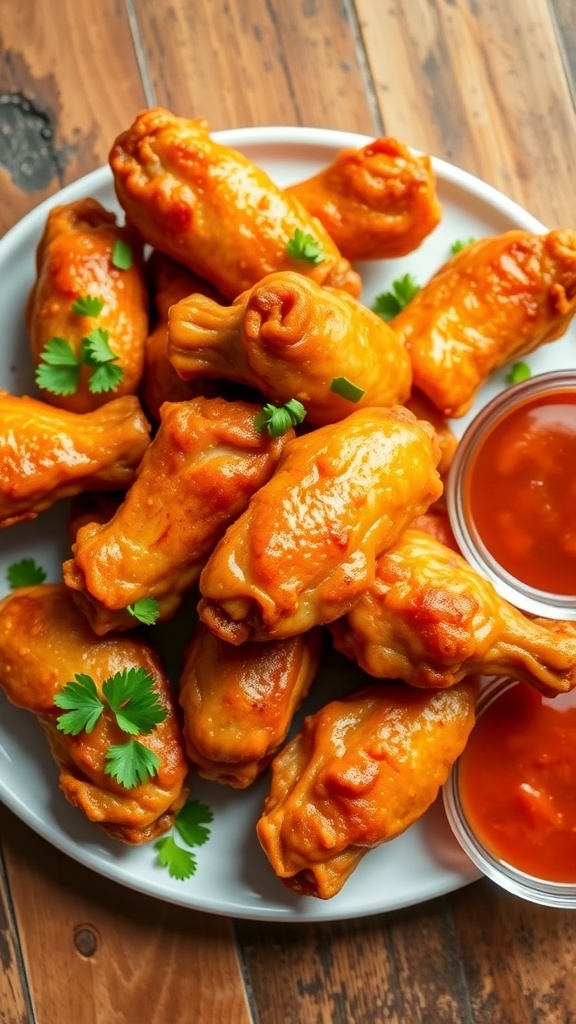 Crispy Air Fryer Chicken Wings Recipe Crispy air fryer chicken wings garnished with parsley and served with wing sauce.
